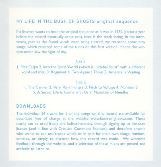 Brian Eno + David Byrne - My Life In The Bush Of Ghosts - 2006 remaster - original sequence (discogs.com)